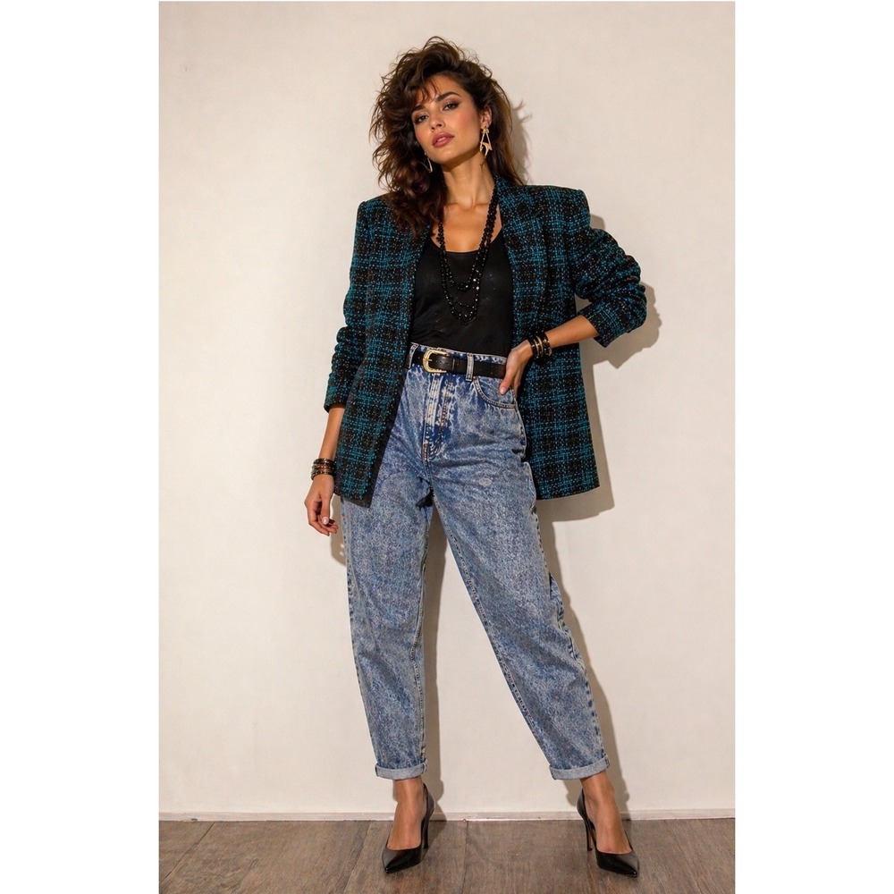 Vintage Blazer Tweed Plaid COUNTRY SUBURBANS Womens 8 Teal Black Made in USA